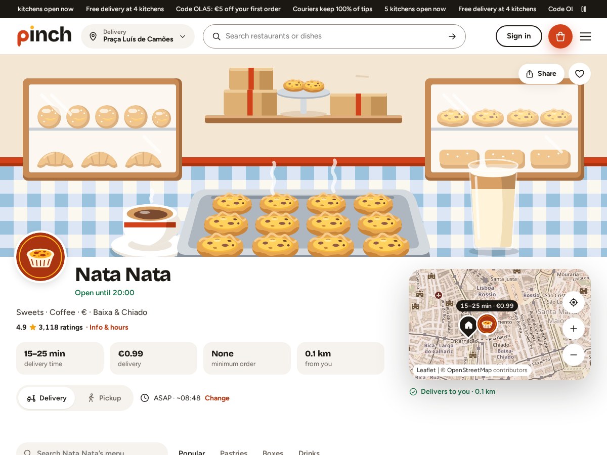 A Pinch restaurant page: cover, rating, delivery fee, ETA, delivery zone map and the menu as WooCommerce products