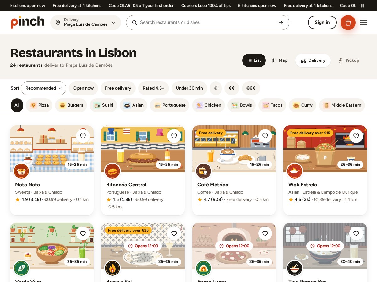 The Pinch restaurant directory with open-now, free-delivery, rating, price and cuisine filters and computed ETAs