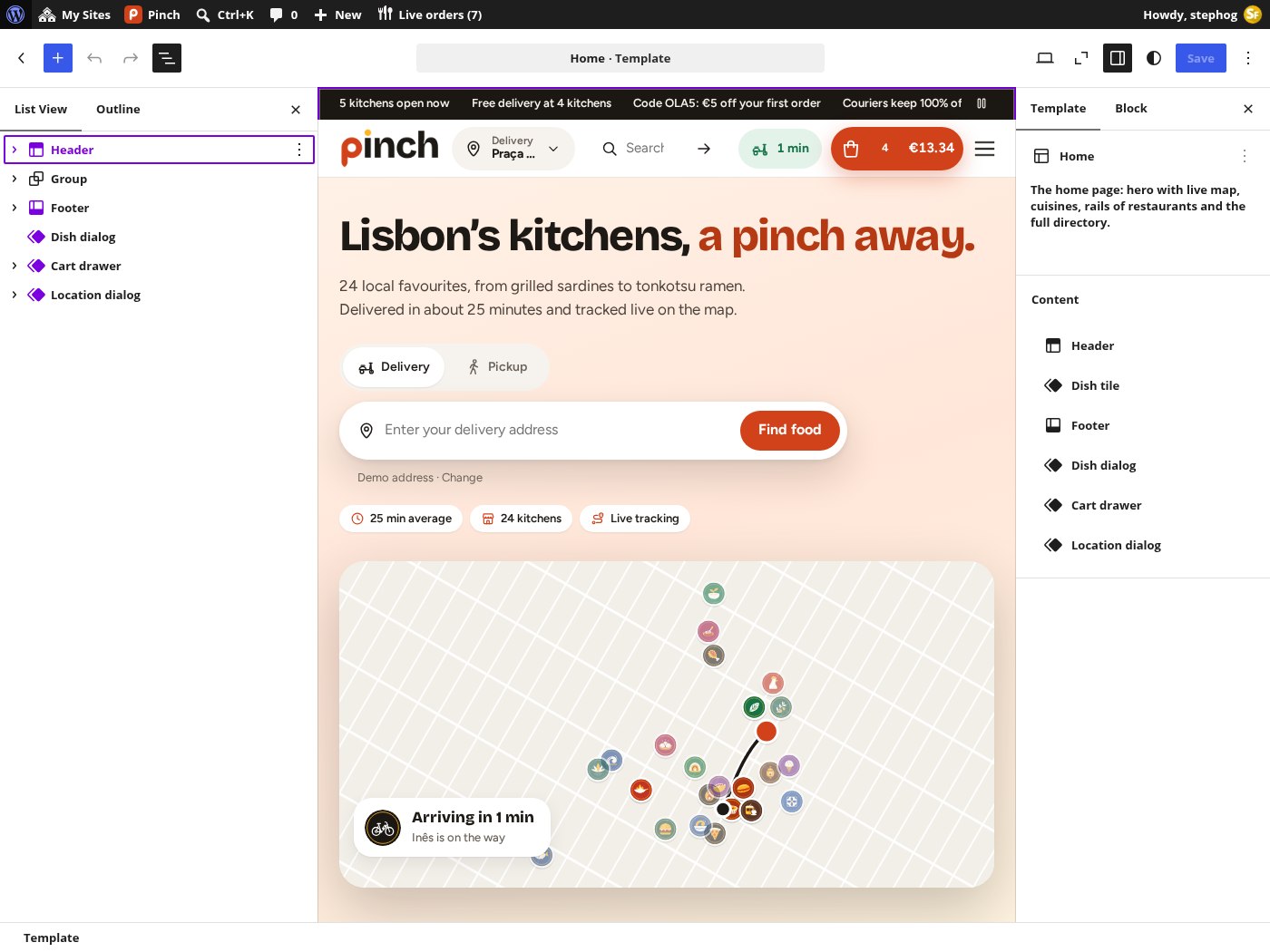 Inside the Site Editor: the Pinch front page open as blocks, List View on the left, block settings on the right