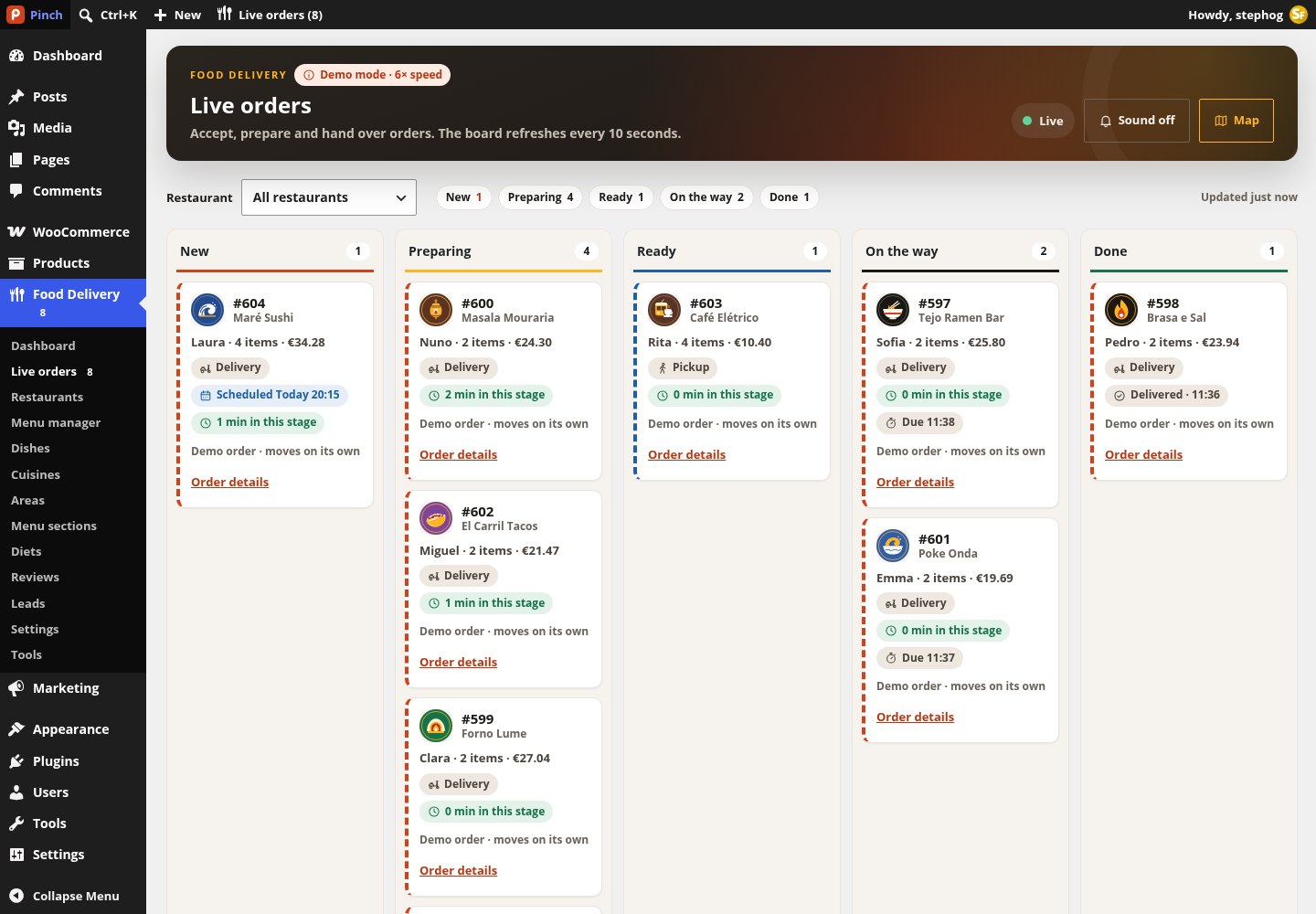 Food Delivery → Live orders: the kanban board with New, Preparing, Ready, On the way and Done columns