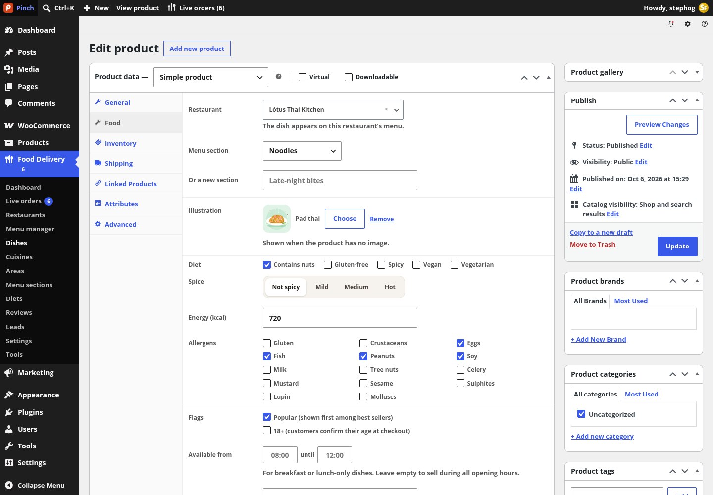 A dish open in the WooCommerce product editor with the Food tab: restaurant, menu section, diet, spice, allergens, flags, availability and option groups