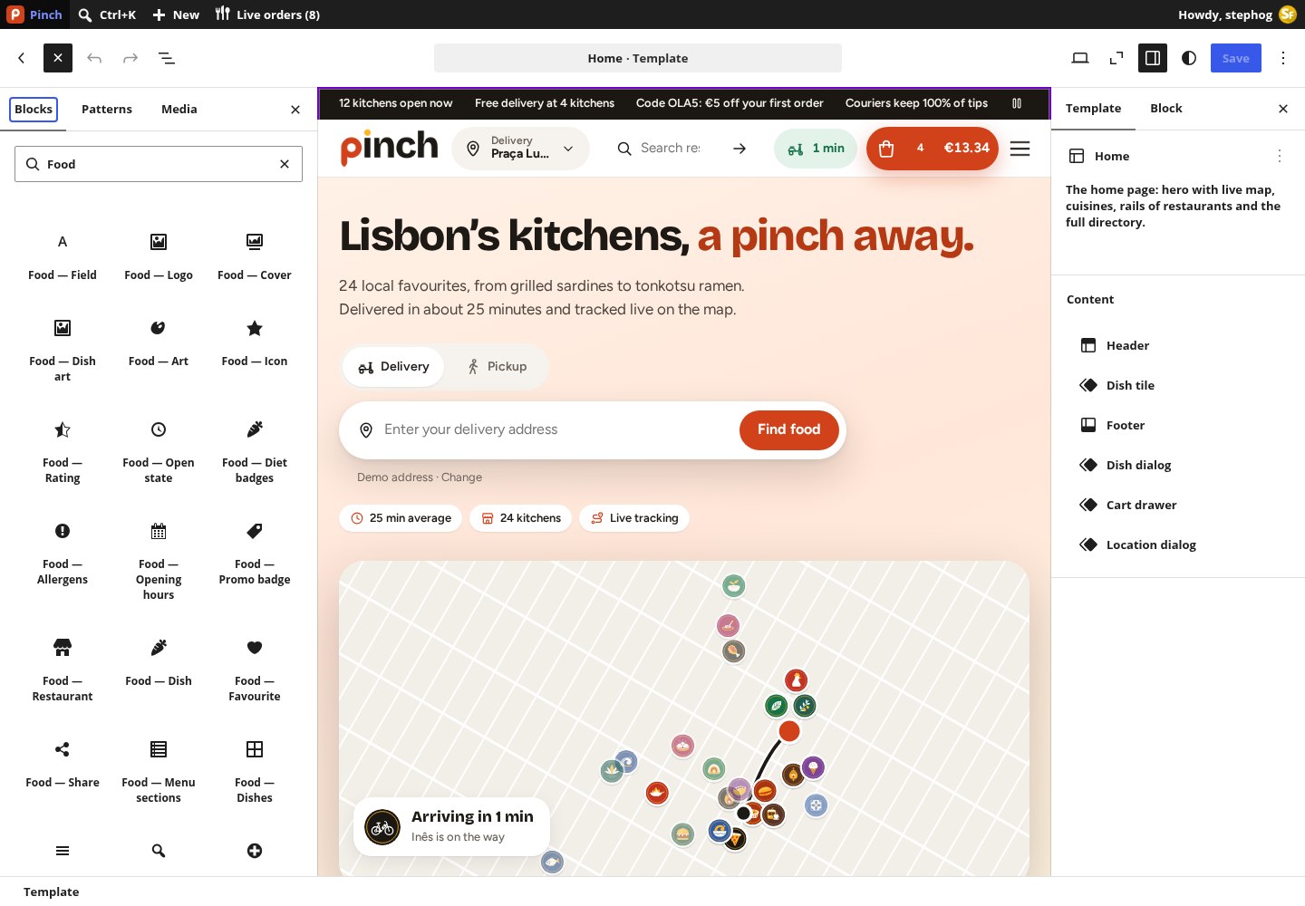 The block inserter in the Site Editor filtered to the Food category, listing the plugin blocks