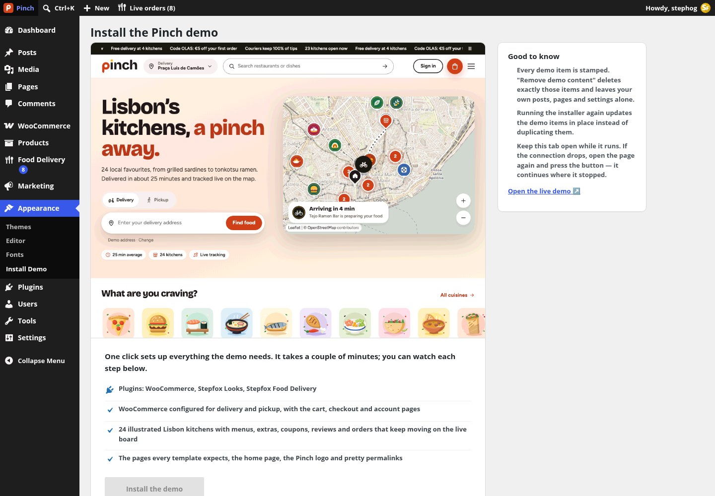 The Appearance → Install Demo screen of the Pinch block theme in wp-admin