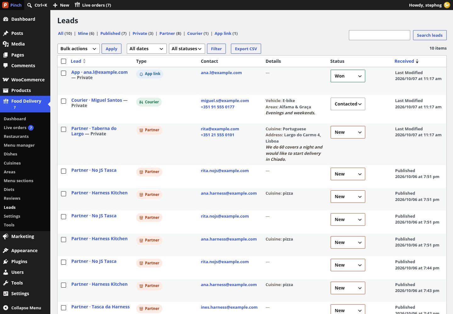 Food Delivery → Leads: partner, courier and app sign-ups with inline status