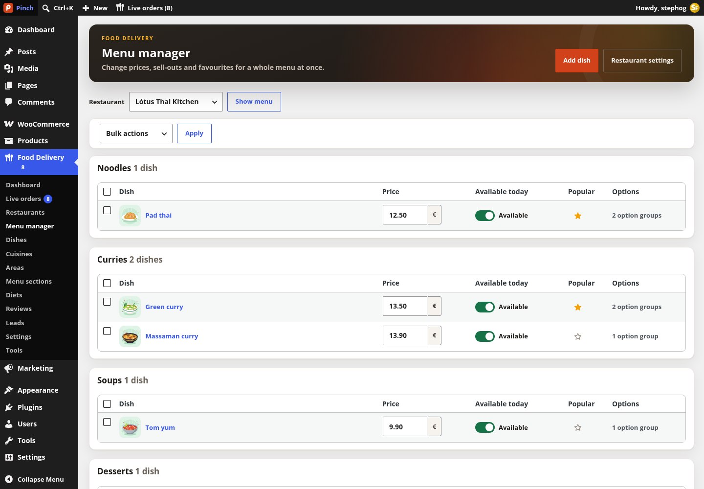 Food Delivery → Menu manager for one kitchen: inline prices, Available today switches, Popular stars and bulk actions
