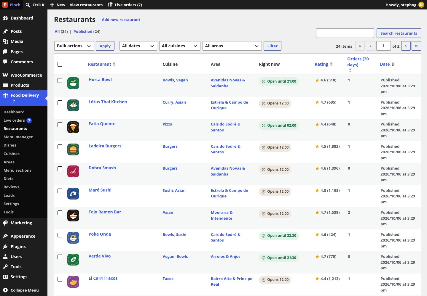 Food Delivery → Restaurants: logo, restaurant, cuisine, area, right-now state, rating and 30-day orders columns
