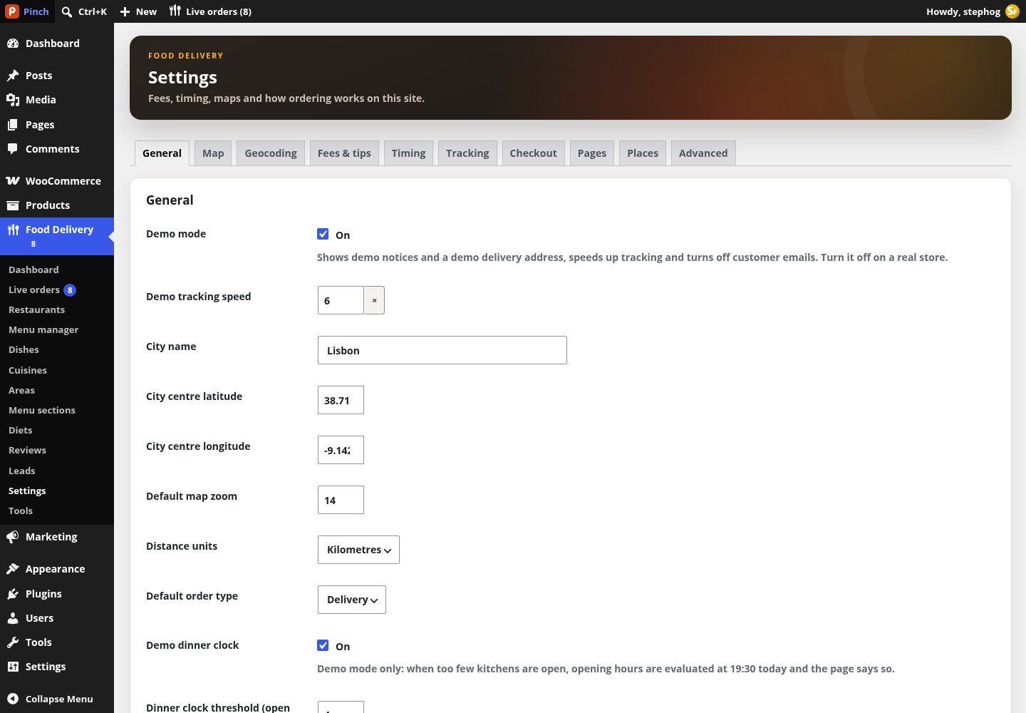 Food Delivery → Settings in wp-admin with its ten tabs