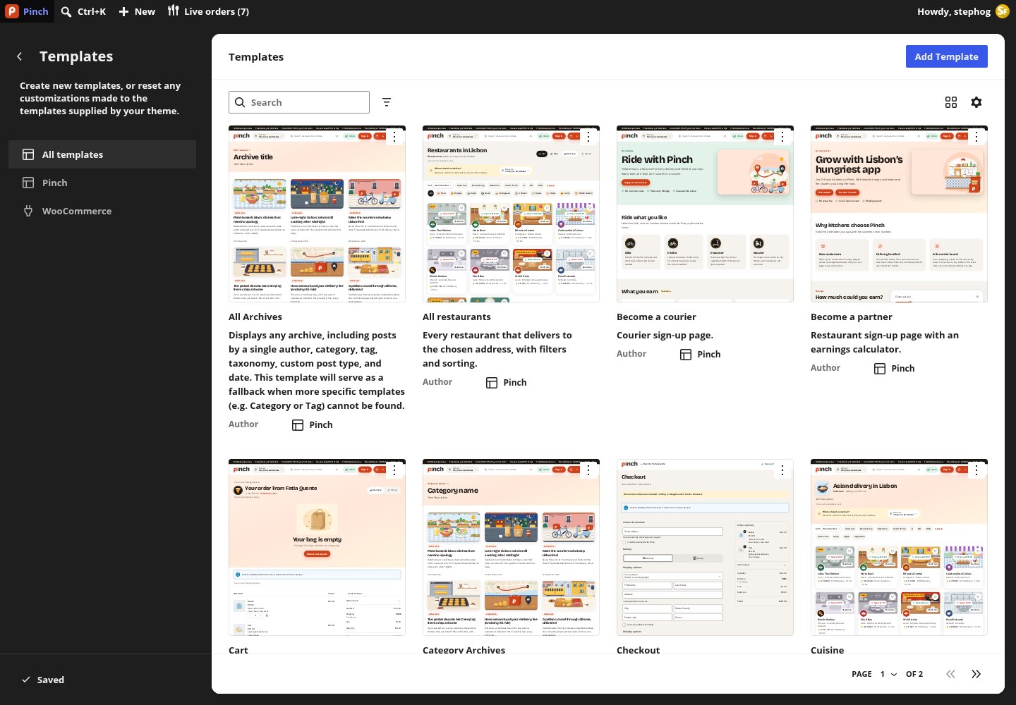 The Site Editor Templates list of the Pinch block theme