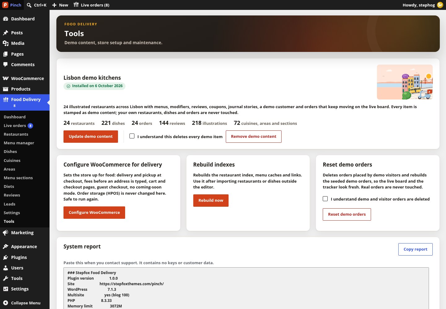 Food Delivery → Tools: the Lisbon demo panel, Configure WooCommerce, Rebuild indexes, Reset demo orders and the system report