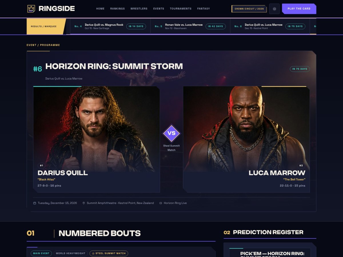 Ringside event page: poster masthead with the main event face to face and a countdown
