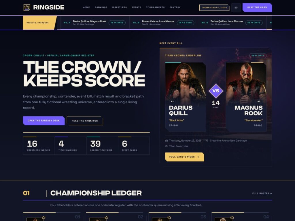 Ringside wrestling WordPress theme front page: headline, live counters and the next event as a poster bill with both wrestlers face to face