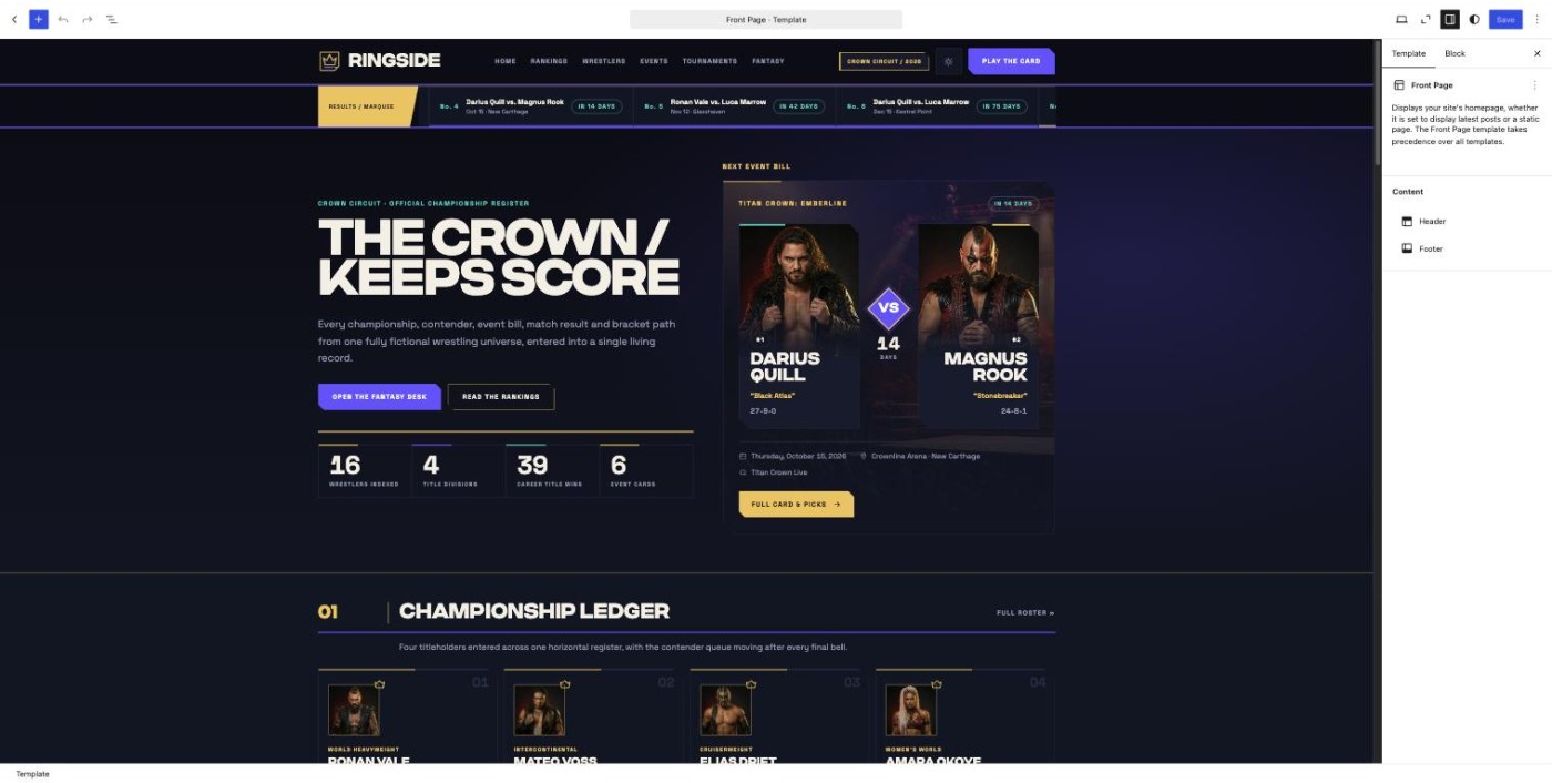 The Site Editor with the Ringside front page open: List View on the left, the championship register in the canvas, block settings on the right