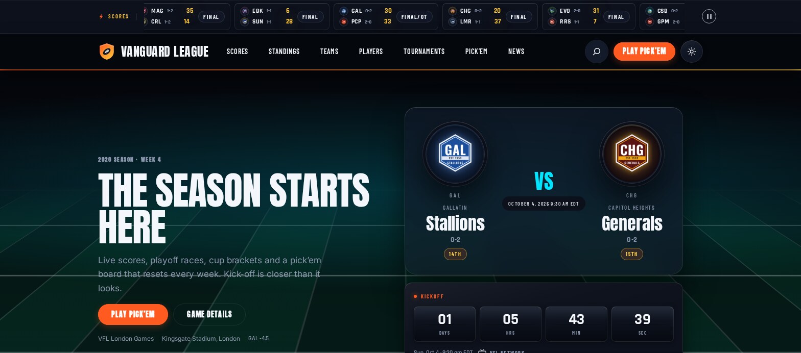 The Yardline front page: hero matchup card with kickoff countdown, live score ticker and this week's fixtures (American football WordPress theme)