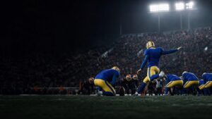 A kicking unit lines up a late field goal in a freezing stadium.