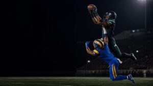 A receiver in navy and green takes a contested catch over a defender in blue and gold.
