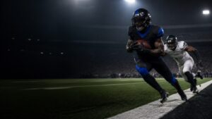 A young receiver in black and blue lands both feet in bounds along the sideline.