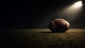 A single football rests on an empty floodlit field.