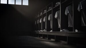 An empty locker room with kit hung and still.