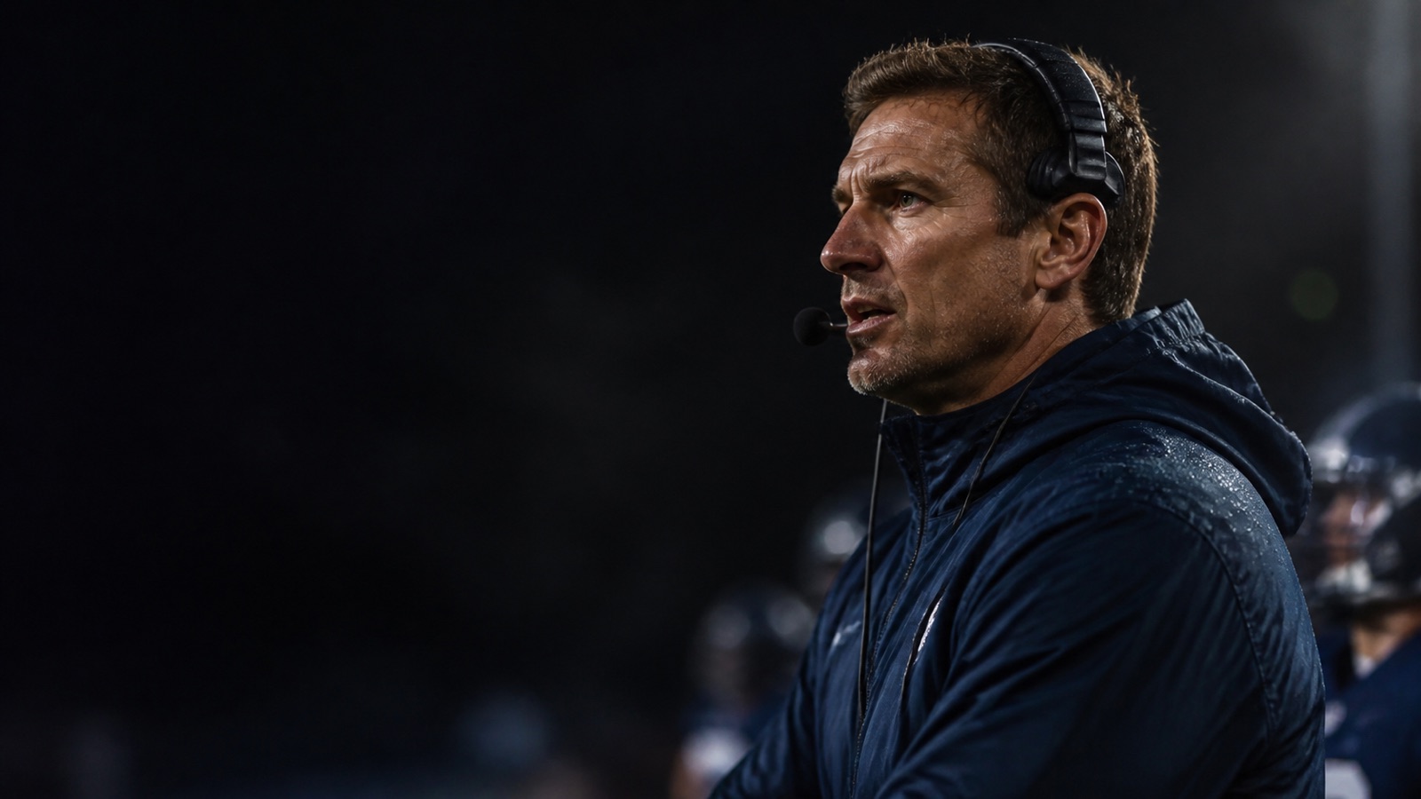 A head coach in a navy jacket and headset calls from a night sideline.