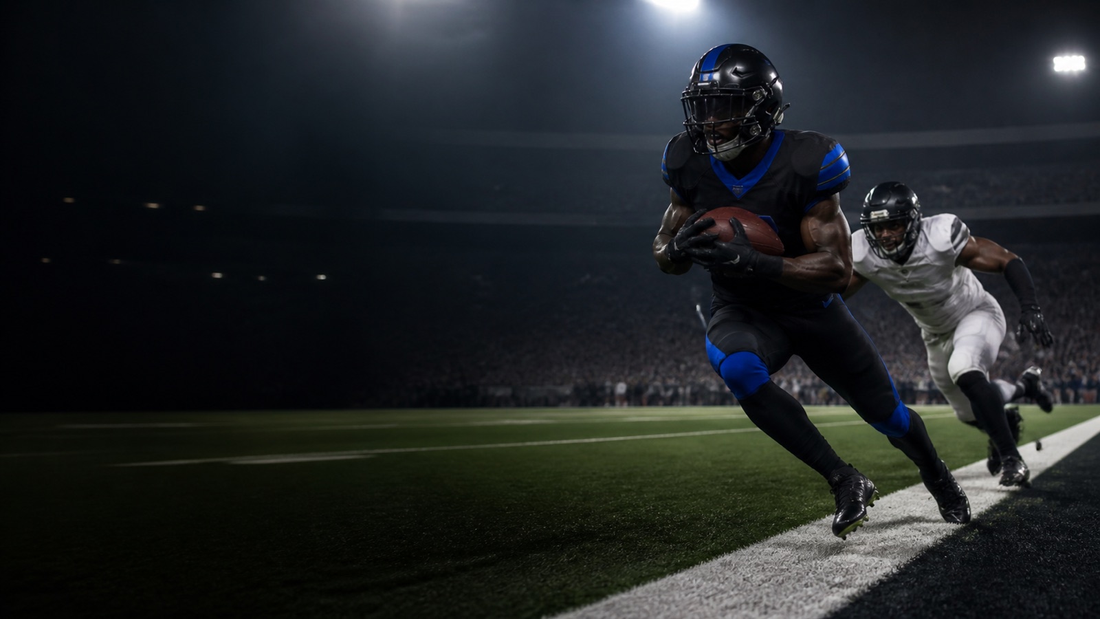 A young receiver in black and blue lands both feet in bounds along the sideline.