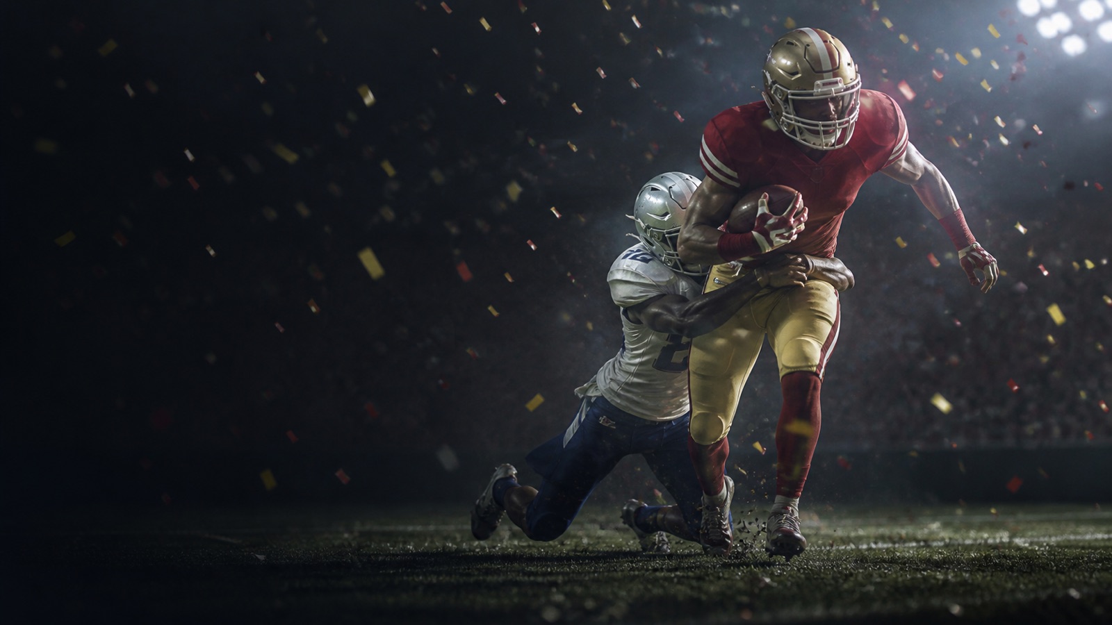 A running back in red and gold breaks a tackle under championship confetti.